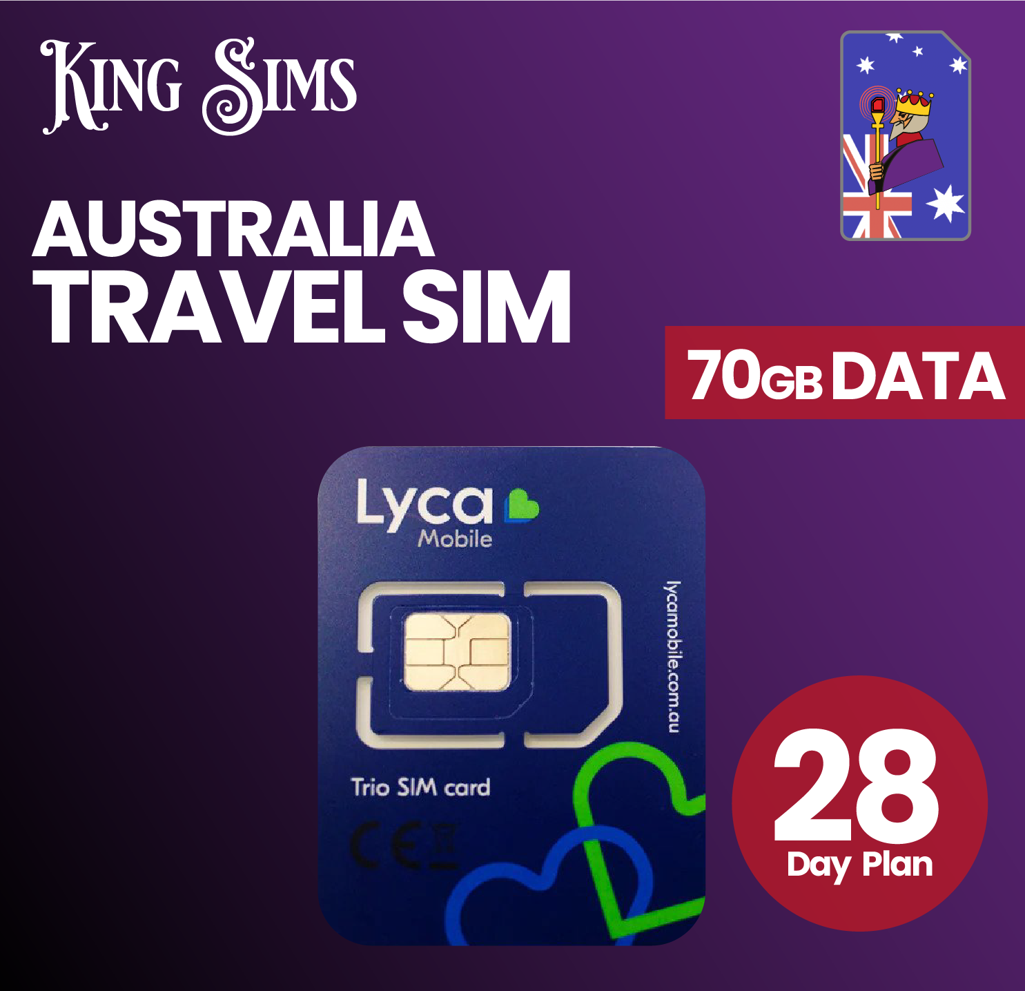Australia 4G Travel Sim Card - 70GB Of Data - Unlimited Calls & Texts - 28 Days