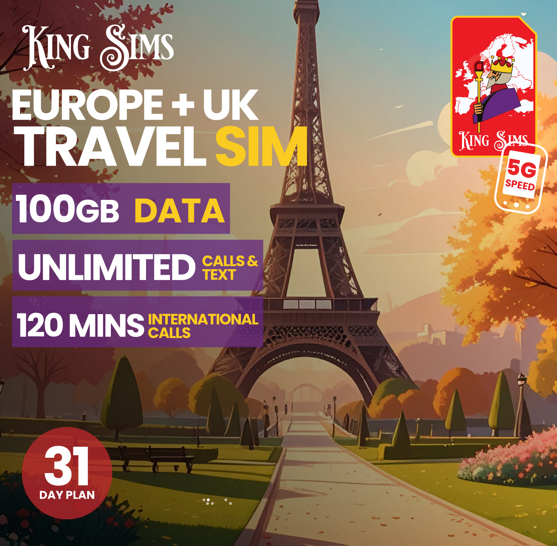 Europe Travel SIM - 100GB Data - 2 Hours Global Calls - 30 Days - Orange