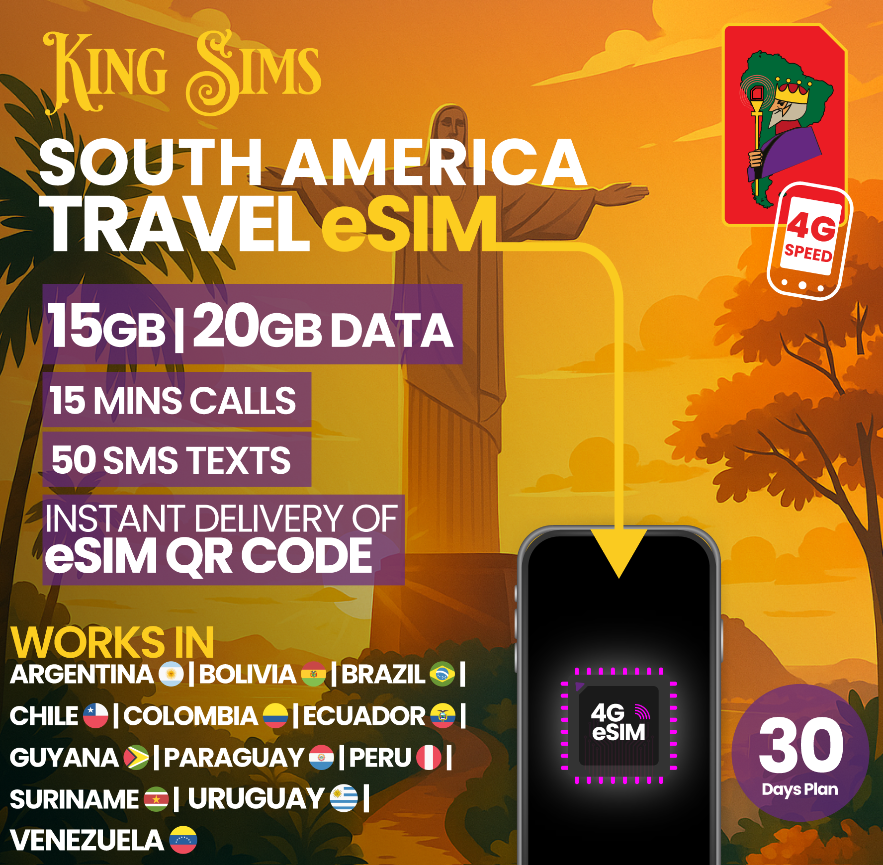 South America eSIM | 15GB to 20GB Data