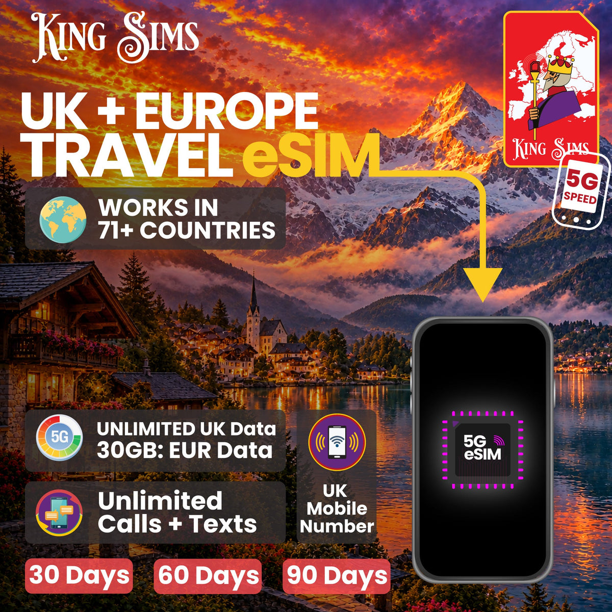 UK and Europe Travel SIM | 120GB Data Up To Unlimited Data - Three UK