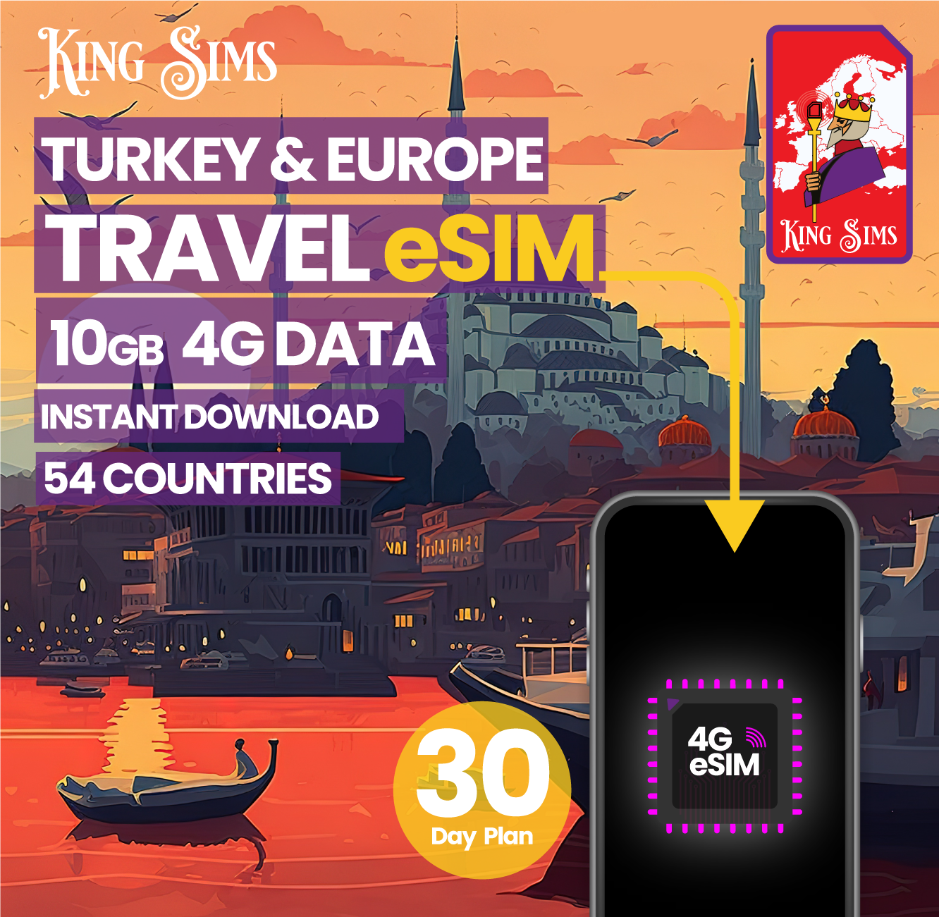 Turkey & Europe eSIM - 10GB of 4G Data - Works in 54 Countries.