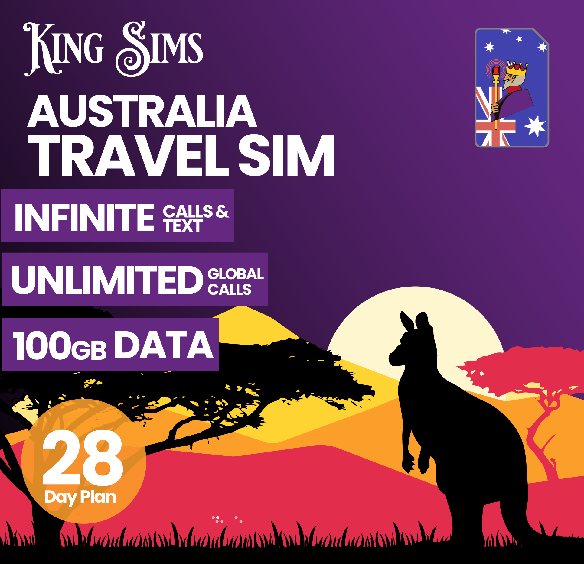 Australia 4G Travel Sim - 100GB Data - Unlimited Calls & Texts - 28 Days