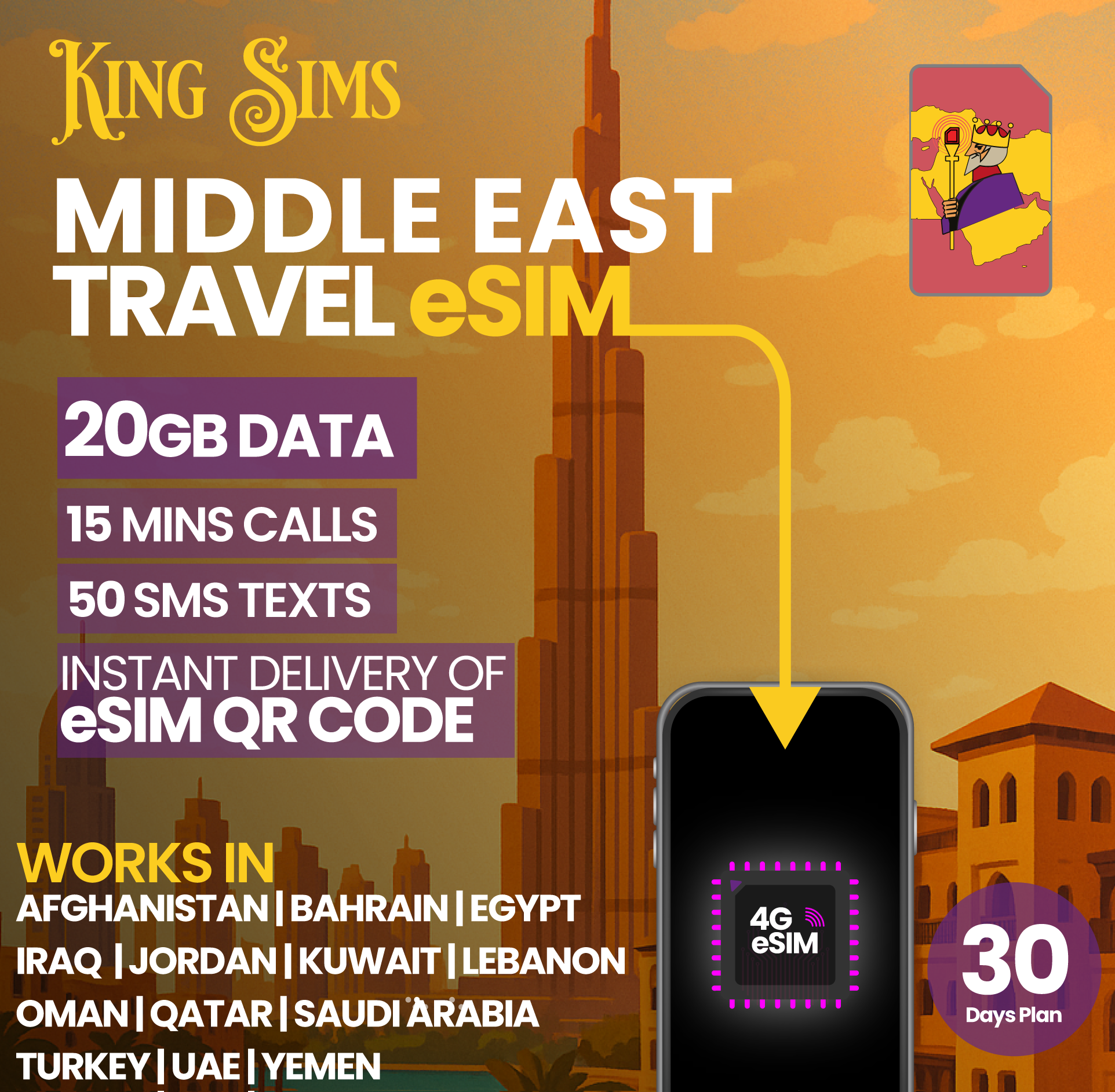 Middle East eSIM - 15GB to 20GB Data - Global Calls & Texts - 13 Countries | King Sims - Image 3