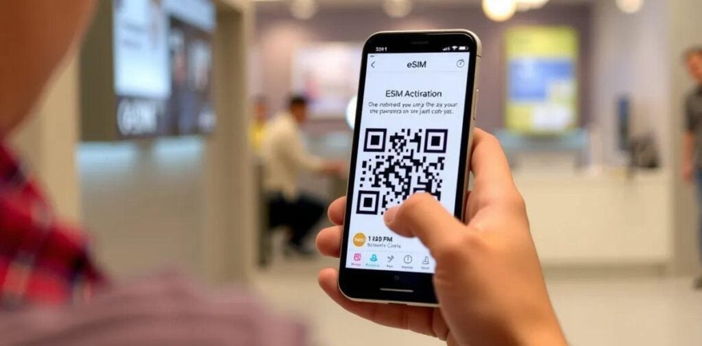 Scanning QR code to activate Japan eSIM instantly on smartphone