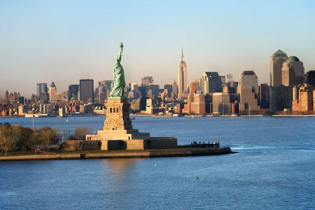 New York City skyline with tourists exploring Manhattan using mobile maps